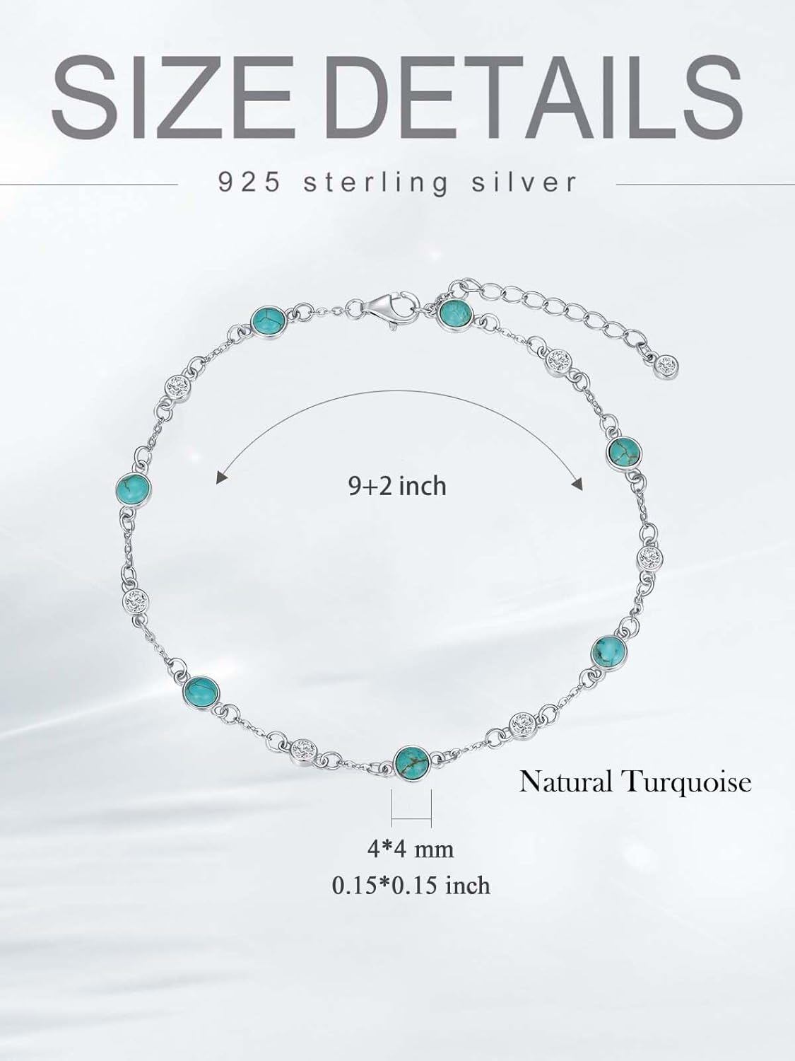 925 Sterling Silver Turquoise Beaded Chain Anklet Bracelet for Women