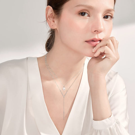 925 Sterling Silver Pearl Y-Shape Pendant Layered Necklace Christmas Gifts for Women