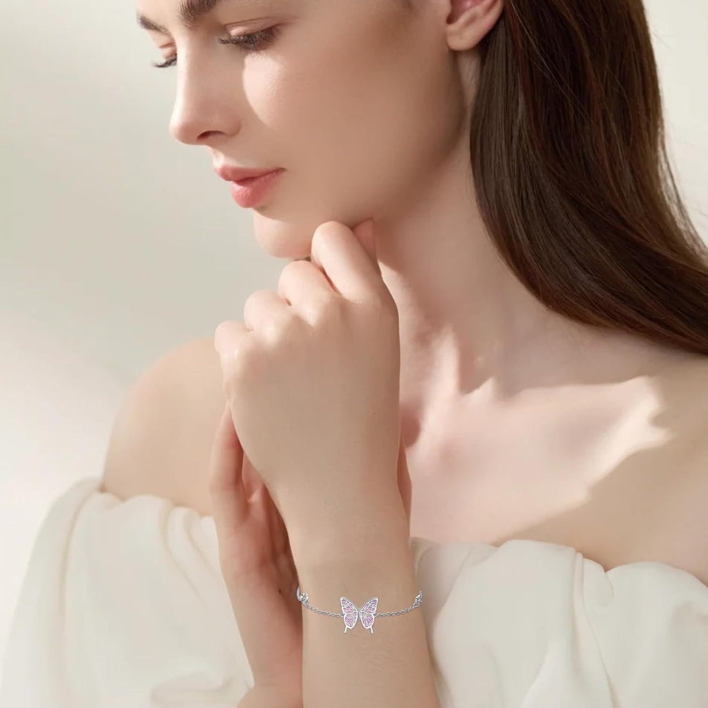 925 Sterling Silver Pink Opal Inlay Butterfly Charm Chain Bracelet for Women