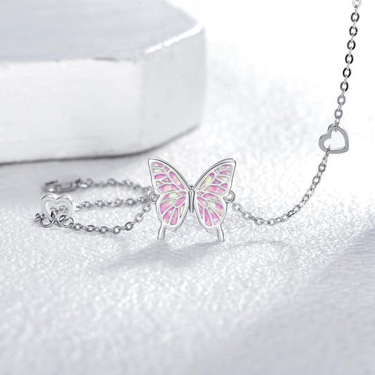 925 Sterling Silver Pink Opal Inlay Butterfly Charm Chain Bracelet for Women