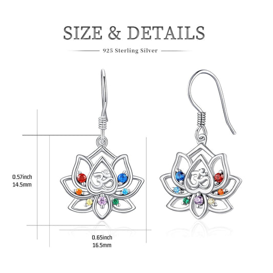 925 Sterling Silver Lotus Earrings with 7 Chakra Stones, 16mm Dangle Drop for Women