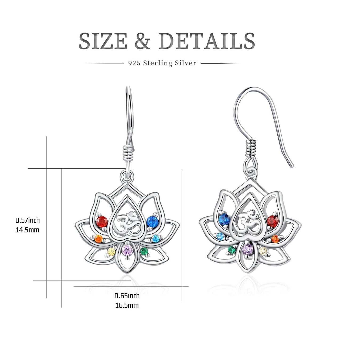 925 Sterling Silver Lotus Earrings with 7 Chakra Stones, 16mm Dangle Drop for Women