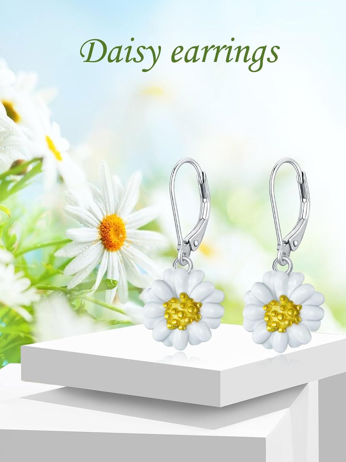 925 Sterling Silver Daisy Flower Leverback Dangle Drop Earrings