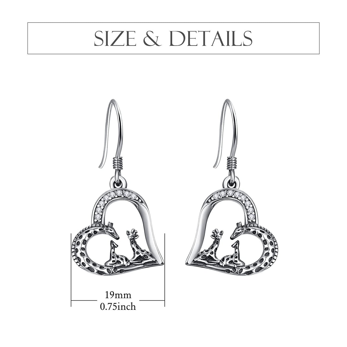 925 Sterling Silver Heart-Shaped Giraffe Family Dangle Drop Earrings for Women Gifts