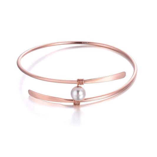 925 Sterling Silver 925 & Rose Gold Freshwater Pearl Bangle Bracelet for Women Bridal Wedding Jewelry for Mom