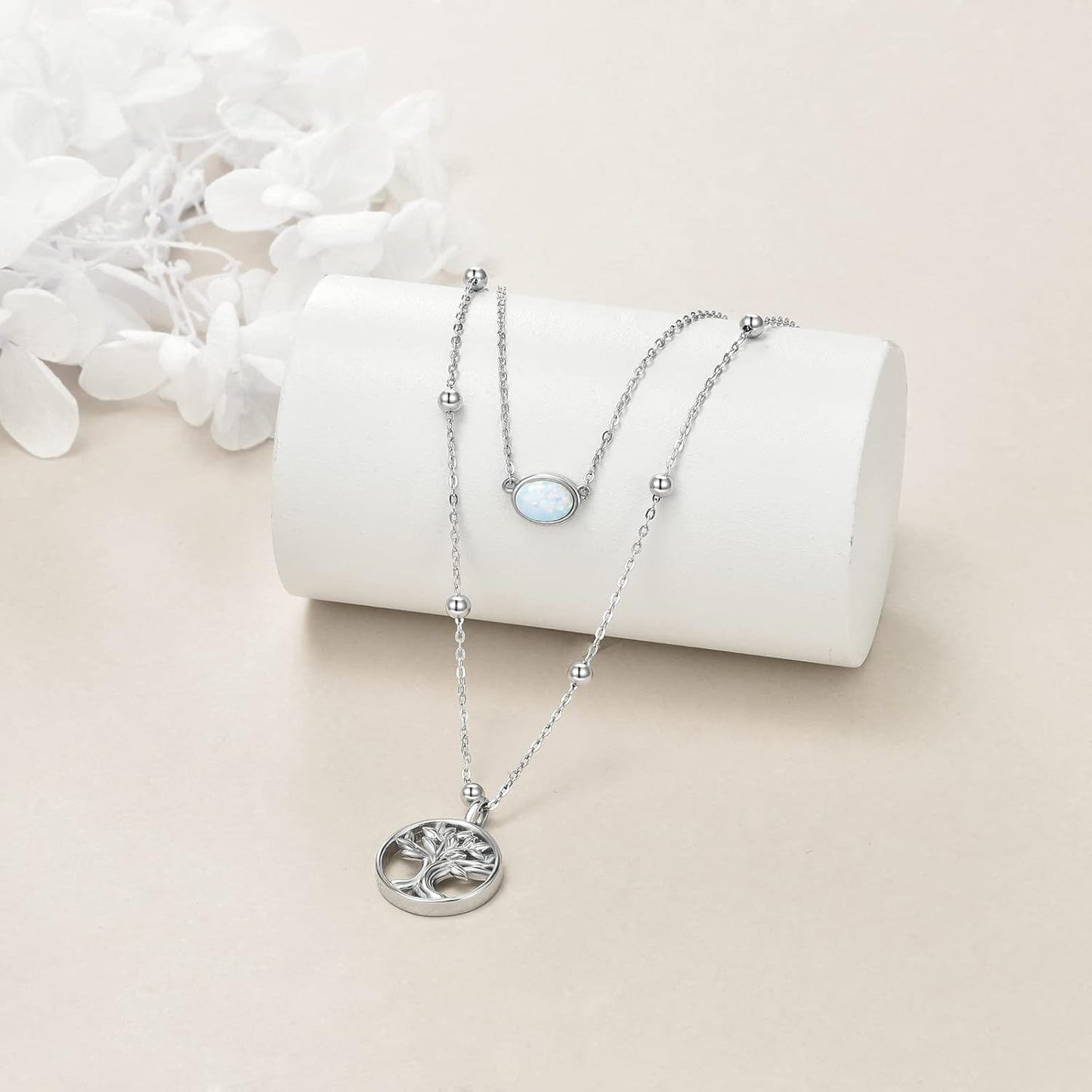 925 Sterling Silver Tree of Life Opal Pendant Layered Choker Necklaces for Women Gifts