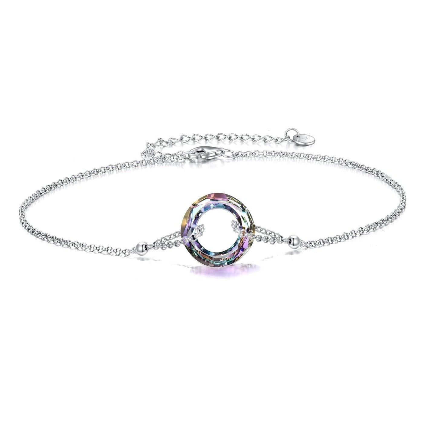 925 Sterling Silver Blue Crystal Circle Chain Bracelet for Women s