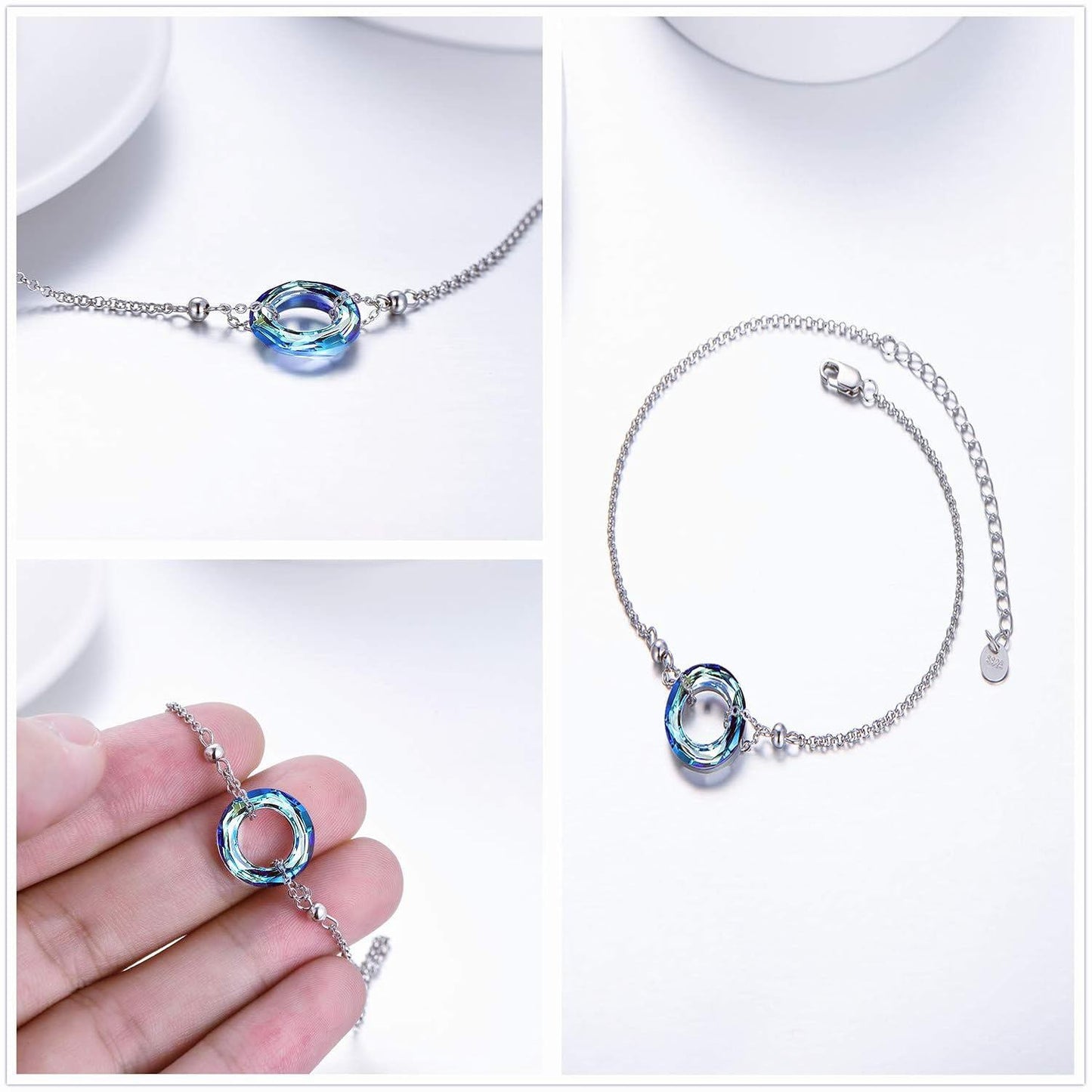 925 Sterling Silver Blue Crystal Circle Chain Bracelet for Women s