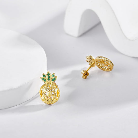 925 Sterling Silver Plated Gold Pomegranate Stud Earrings with Green and Yellow Stones - Fruits Inspired Jewelry for Women