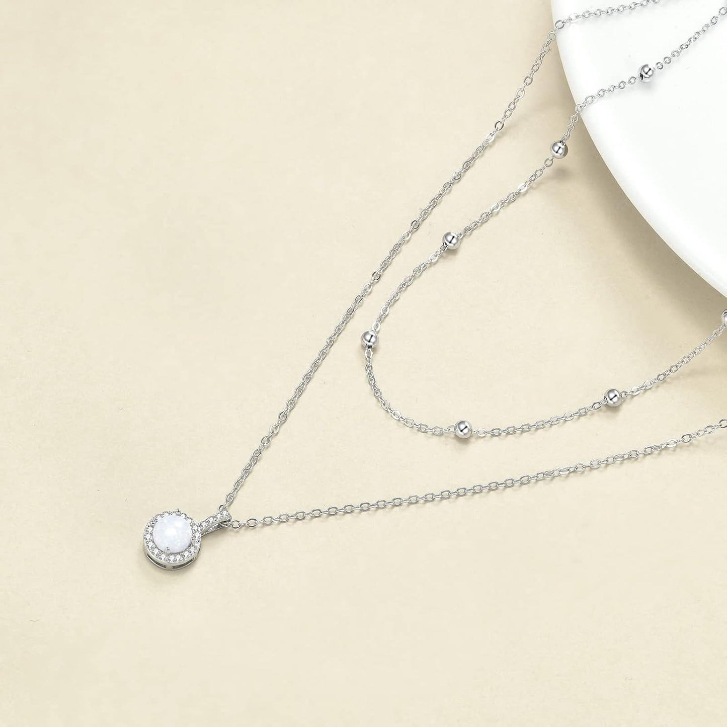 925 Sterling Silver Layered Necklace with Opal Pendant s for Women