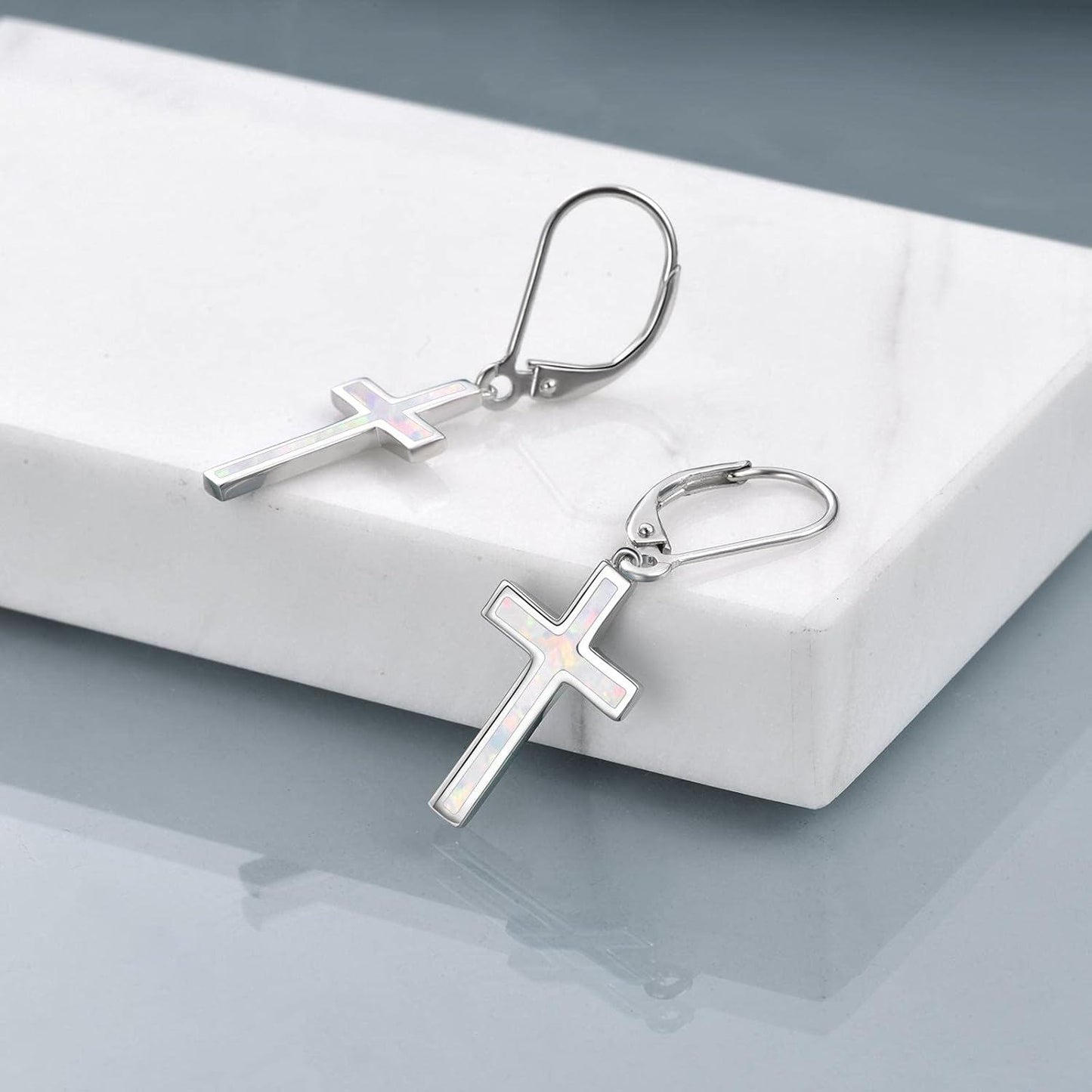 925 Sterling Silver Opal Cross Leverback Dangle Drop Earrings for Women and Men