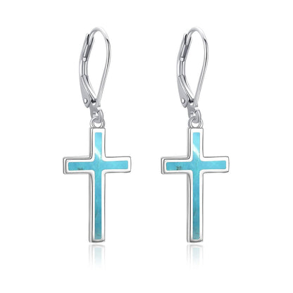 925 Sterling Silver Opal Cross Leverback Dangle Drop Earrings for Women and Men