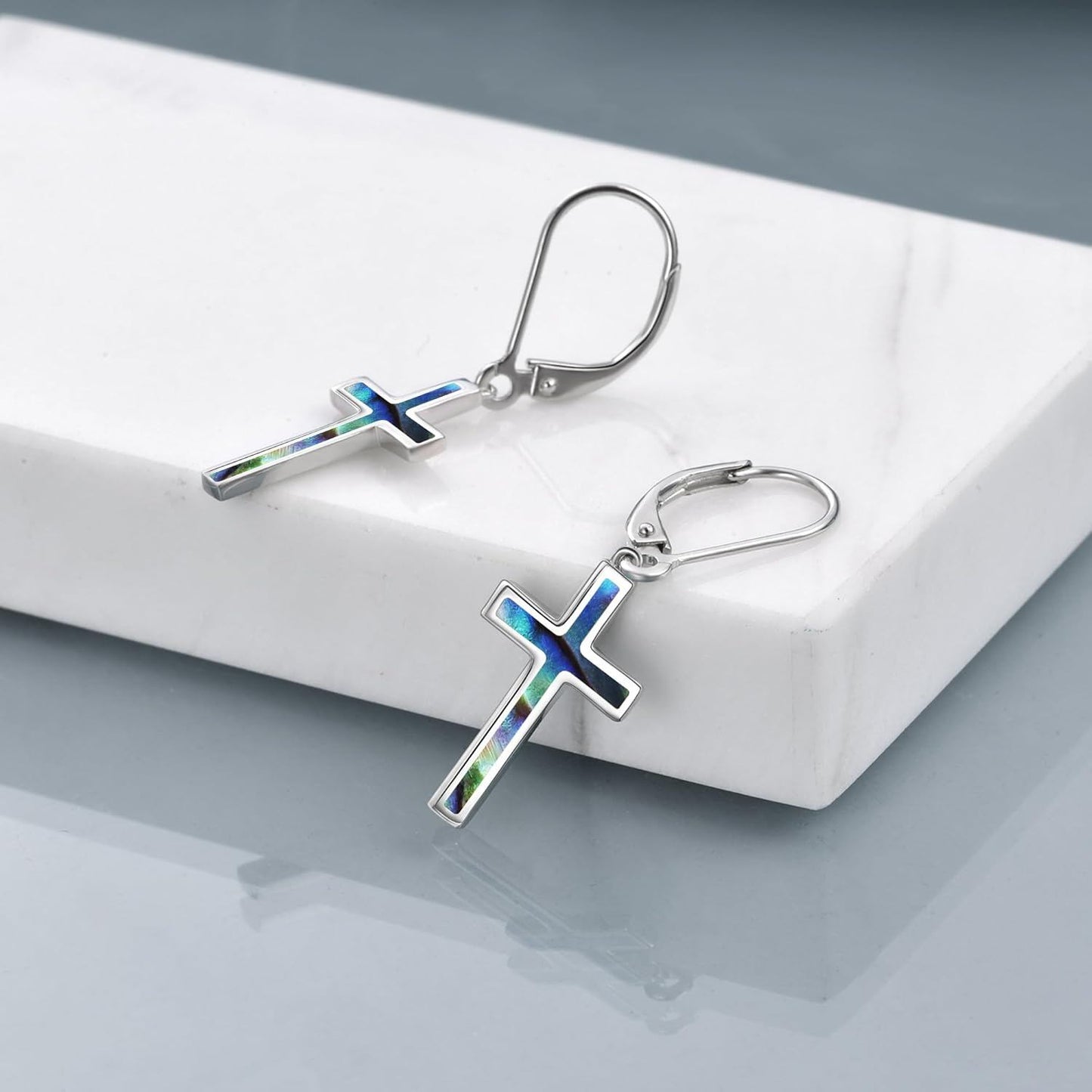 925 Sterling Silver Opal Cross Leverback Dangle Drop Earrings for Women and Men