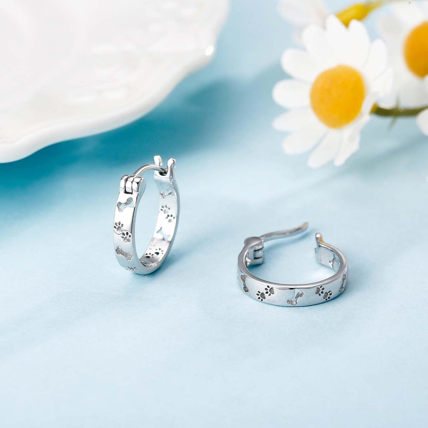 925 Sterling Silver Dog Paw Print & Bone Design Hoop Earrings for Women and Girls