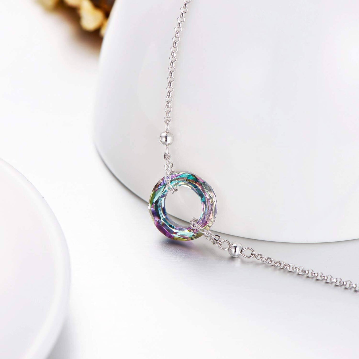 925 Sterling Silver Blue Crystal Circle Chain Bracelet for Women s