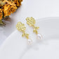 Gold-Plated 925 Sterling Silver Flower and Leaf Design with Pearl Dangle Stud Earrings for Women