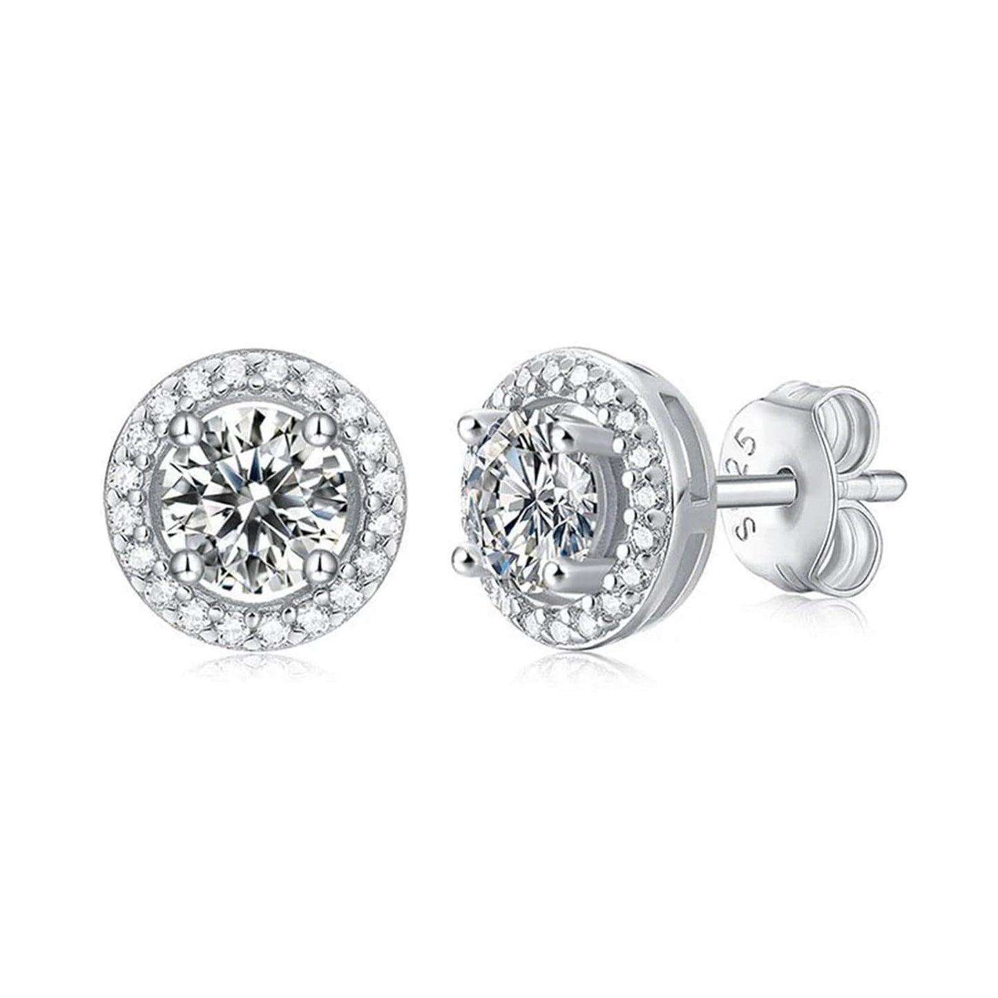 925 Sterling Silver 925 with Cubic Zirconia Cut Design and Round Shape Stone Halo Stud Earrings