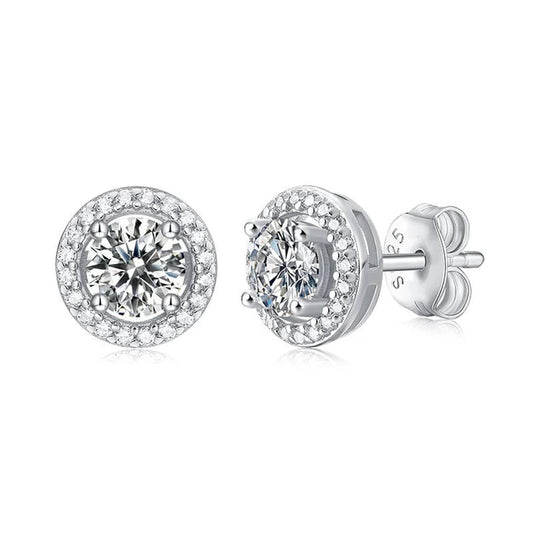 925 Sterling Silver 925 with Cubic Zirconia Cut Design and Round Shape Stone Halo Stud Earrings