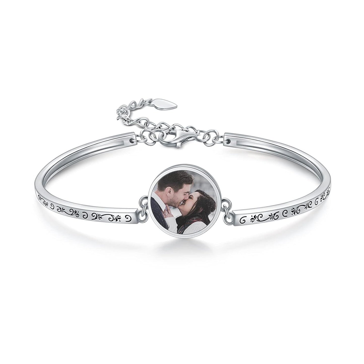 925 Sterling Silver I Love You 100 Languages Photo Charm Bangle Bracelet for Couples