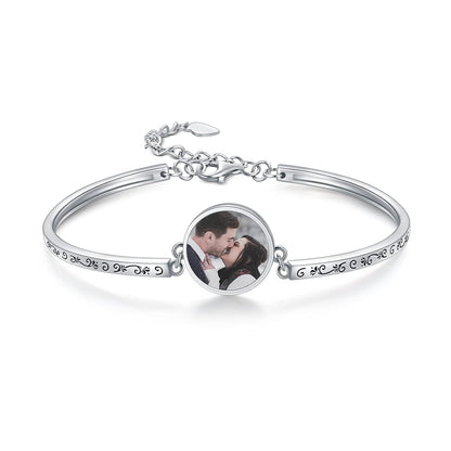 925 Sterling Silver I Love You 100 Languages Photo Charm Bangle Bracelet for Couples
