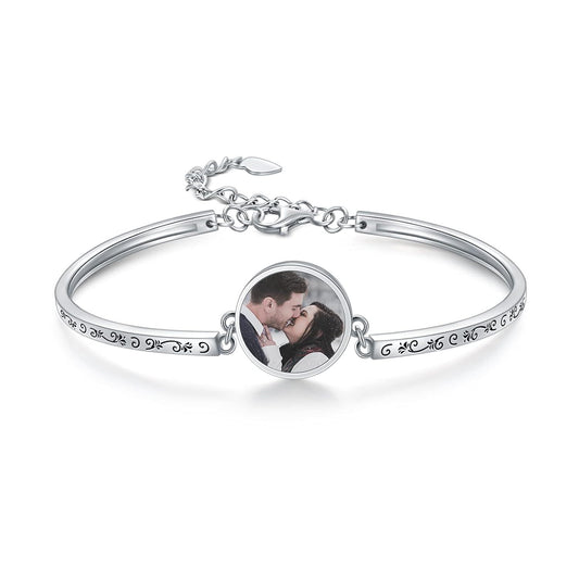 925 Sterling Silver I Love You 100 Languages Photo Charm Bangle Bracelet for Couples