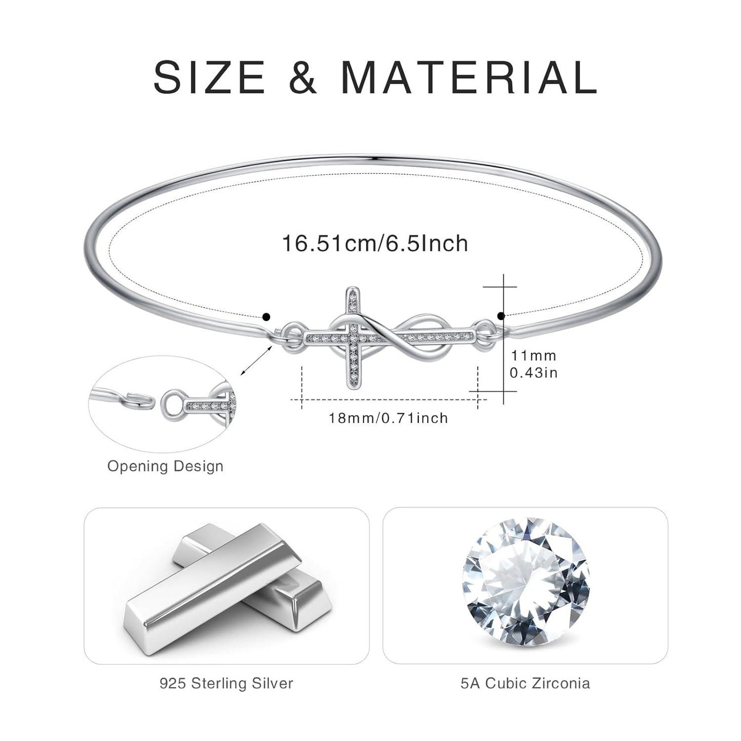 925 Sterling Silver Infinity Cross Charm Bangle Bracelet for Women - Christian Religious s