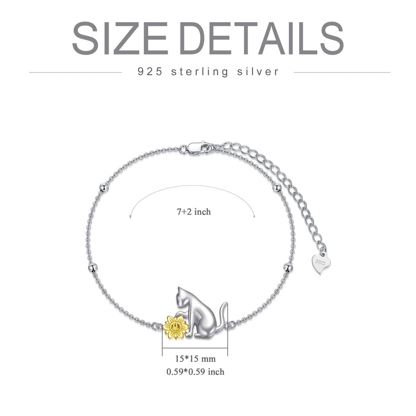 925 Sterling Silver Black & White Cats Adjustable Link Chain Bracelet (7-9 inches)