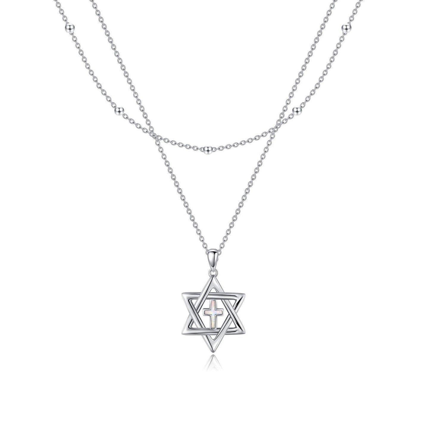 925 Sterling Silver Cross & Star of David Layered Pendant Necklace for Women Girls Gifts