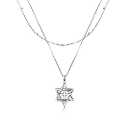 925 Sterling Silver Cross & Star of David Layered Pendant Necklace for Women Girls Gifts