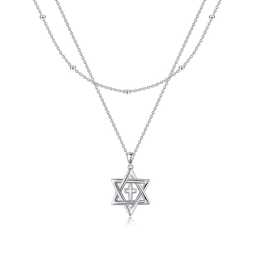 925 Sterling Silver Cross & Star of David Layered Pendant Necklace for Women Girls Gifts