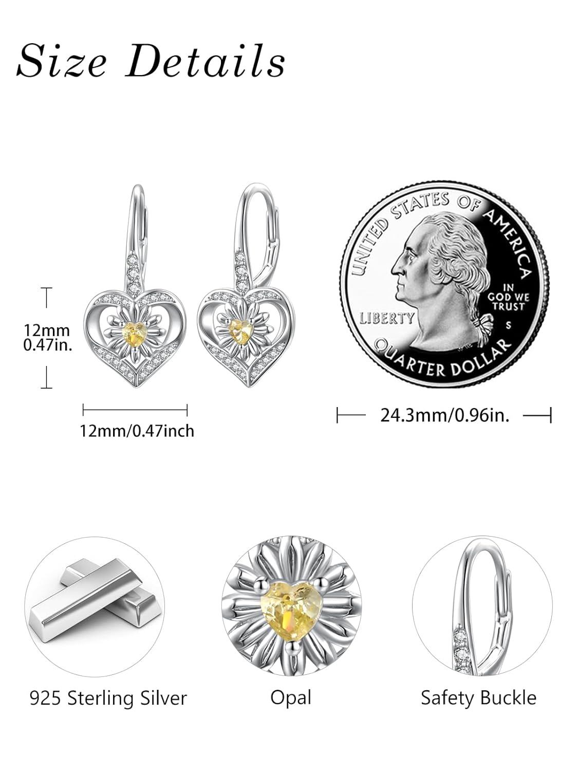 925 Sterling Silver Yellow Citrine Daisy Flower Heart Drop Dangle Lever Back Earrings for Women