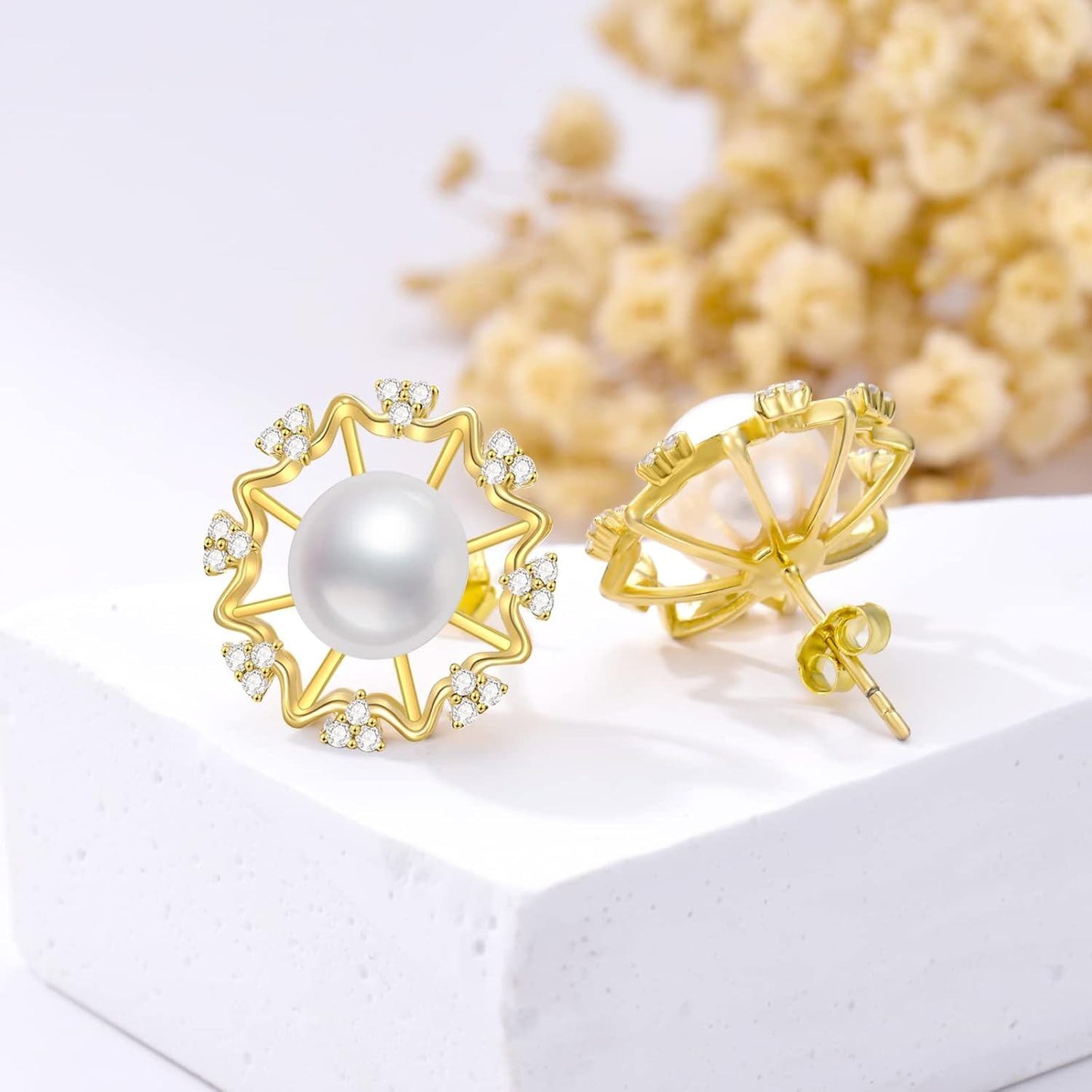 Gold 925 Sterling Silver Cubic Zirconia and White Pearl Stud Earrings for Women