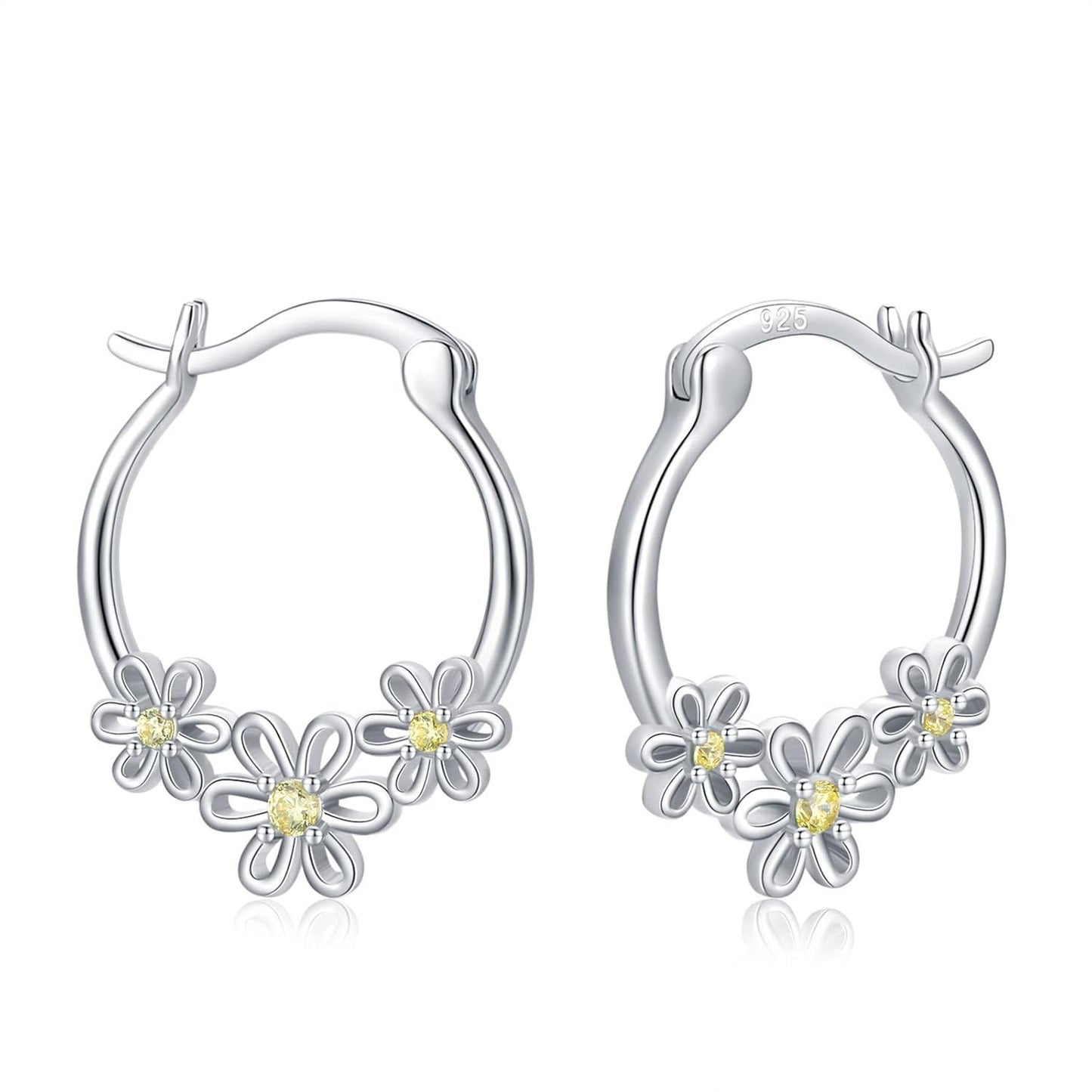 925 Sterling Silver Daisy Flower Yellow Crystal Studs Hoop Earrings for Women Girls  3cm Diameter