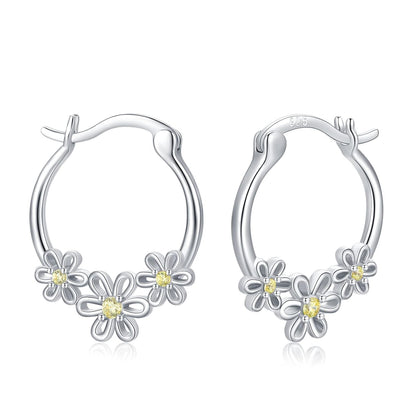 925 Sterling Silver Daisy Flower Yellow Crystal Studs Hoop Earrings for Women Girls  3cm Diameter
