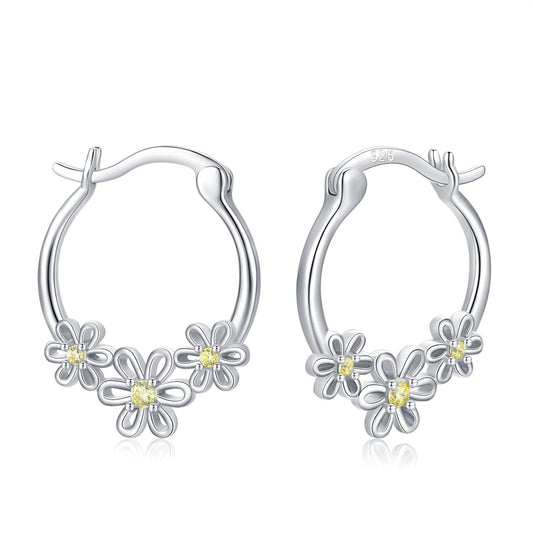 925 Sterling Silver Daisy Flower Yellow Crystal Studs Hoop Earrings for Women Girls  3cm Diameter