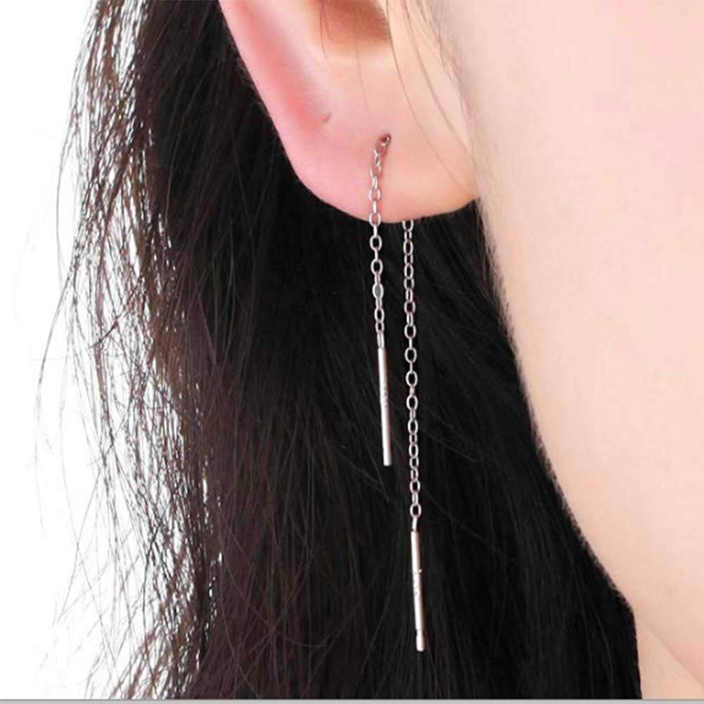 Gold 925 Sterling Silver Threader Chain Dangle Earrings with Long Bar Pendant for Women 925 Gold Plated Minimalist  Idea