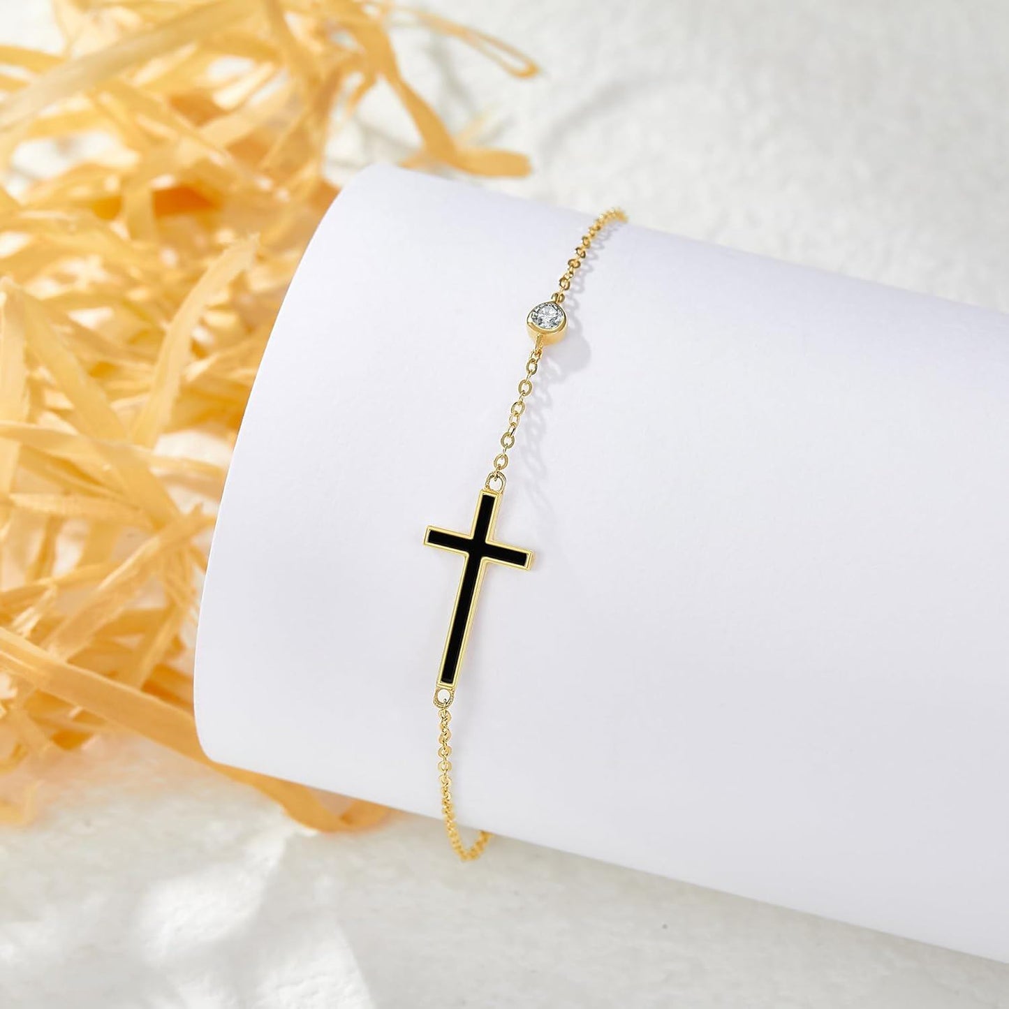 14K Gold Cross Black Onyx Chain Bracelet Holiday Gift for Her
