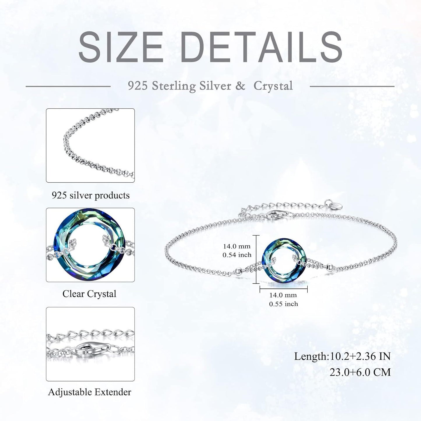 925 Sterling Silver Blue Crystal Circle Chain Bracelet for Women s