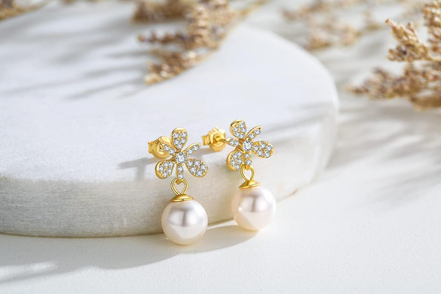 Gold 925 Sterling Silver Dragonfly White Shell Pearl Stud Earrings 6mm AAA Cubic Zirconia Stones Jewelry for Women Girls Gift Boxed