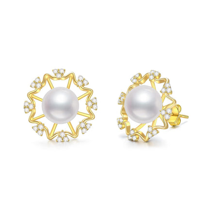 Gold 925 Sterling Silver Cubic Zirconia and White Pearl Stud Earrings for Women