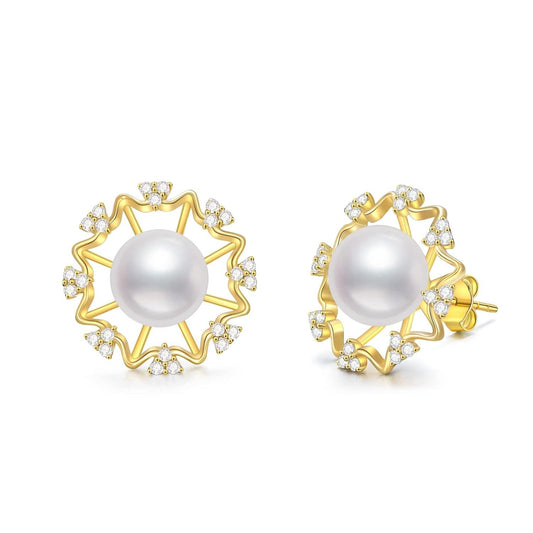 Gold 925 Sterling Silver Cubic Zirconia and White Pearl Stud Earrings for Women