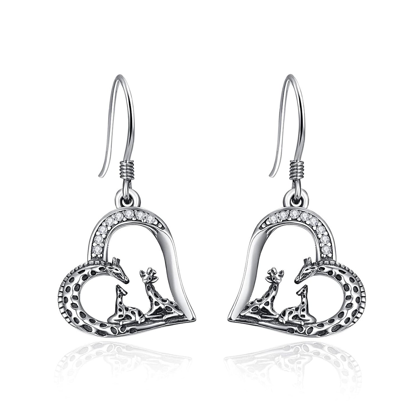 925 Sterling Silver Heart-Shaped Giraffe Family Dangle Drop Earrings for Women Gifts