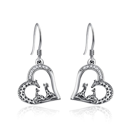 925 Sterling Silver Heart-Shaped Giraffe Family Dangle Drop Earrings for Women Gifts