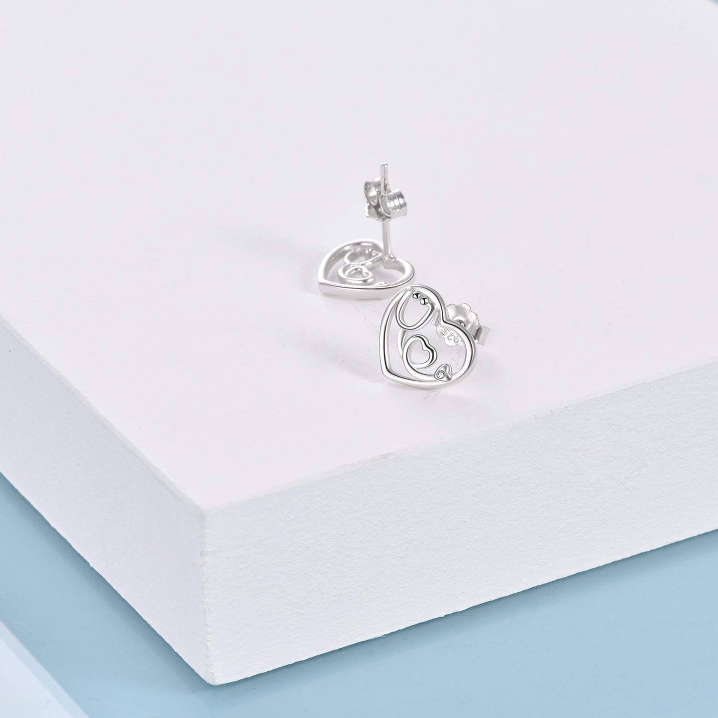 925 Sterling Silver Heart Stethoscope Stud Earrings for Nurses Gifts