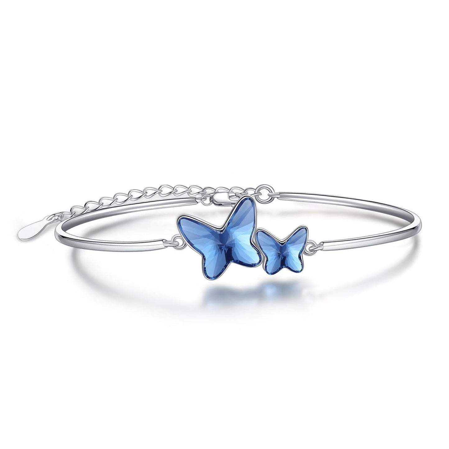 925 Sterling Silver Blue Crystal Butterfly Bangle Bracelet for Women