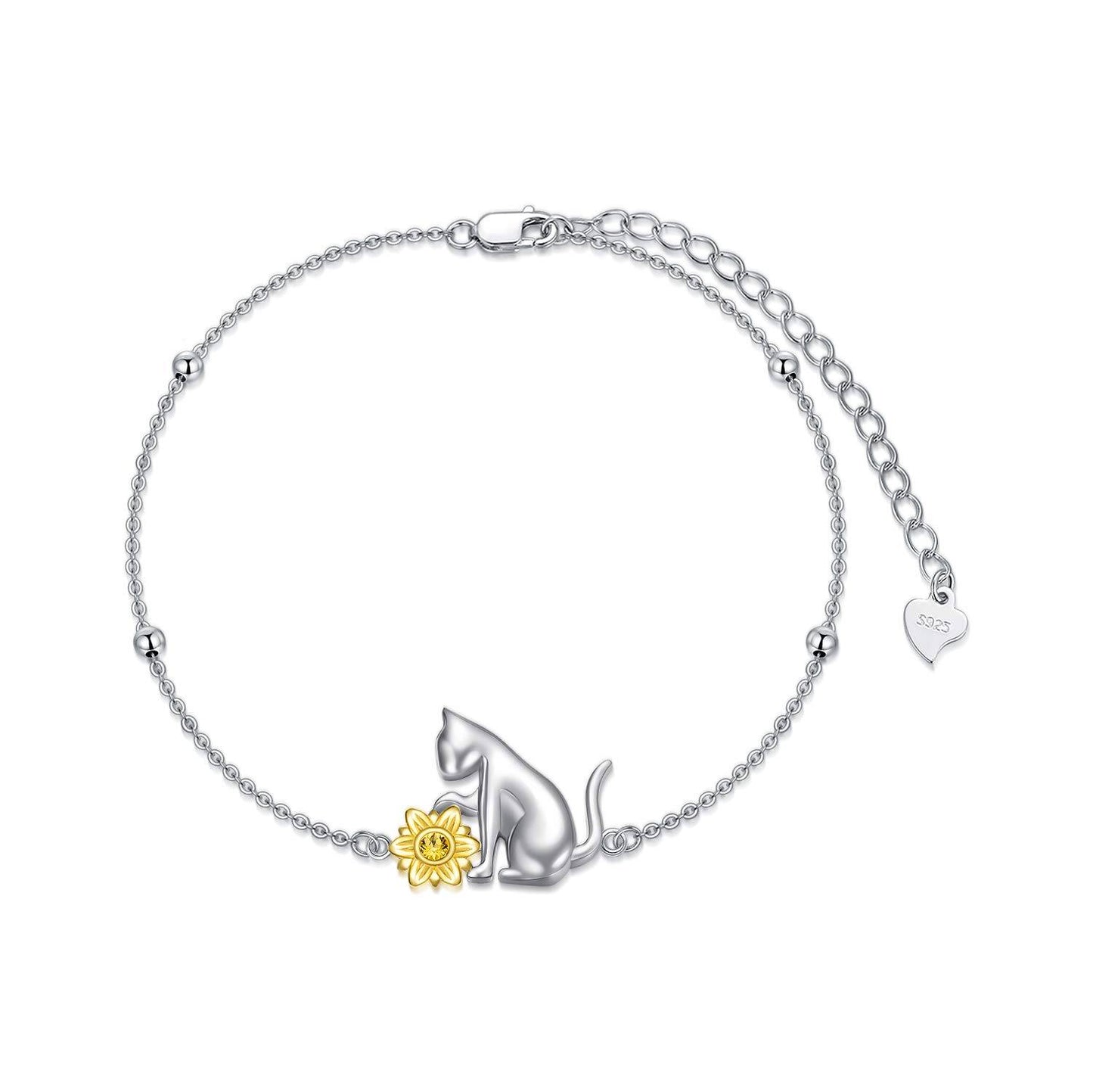 925 Sterling Silver Black & White Cats Adjustable Link Chain Bracelet (7-9 inches)