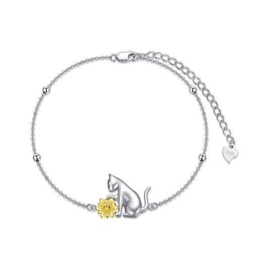925 Sterling Silver Black & White Cats Adjustable Link Chain Bracelet (7-9 inches)