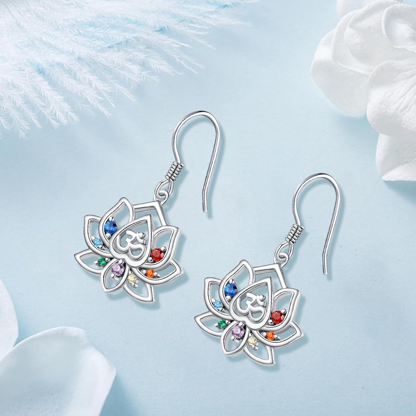 925 Sterling Silver Lotus Earrings with 7 Chakra Stones, 16mm Dangle Drop for Women