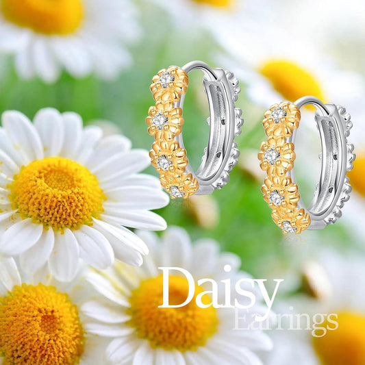 925 Sterling Silver Gold Plated Daisy Flower Huggie Hoop Earrings for Women and Girls 2 Pairs Set