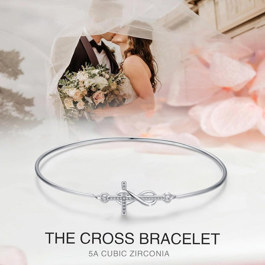 925 Sterling Silver Infinity Cross Charm Bangle Bracelet for Women - Christian Religious s